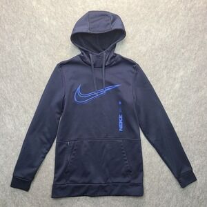 Nike Therma-Fit Fleece Hoodie Mens S Blue Big Swoosh Zip Pocket Casual Graphics